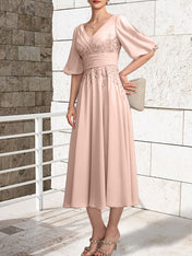 A-line V-Neck Tea-Length Lace Chiffon Mother of the Bride Dress With Pleated