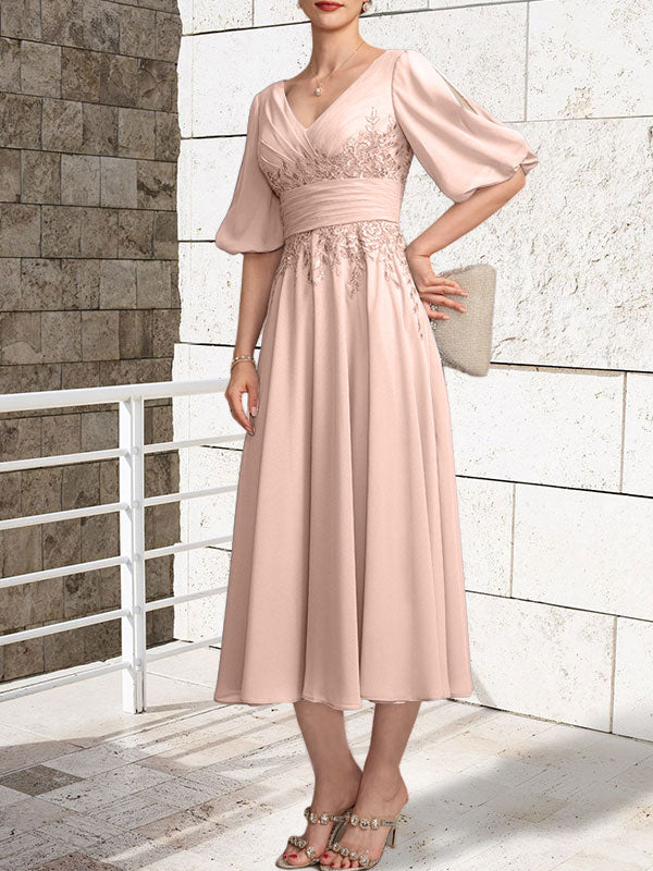 A-line V-Neck Tea-Length Lace Chiffon Mother of the Bride Dress With Pleated