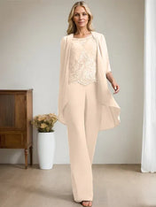 Separates Jumpsuit/Pantsuit Scoop Floor-Length Chiffon Lace Mother of the Bride Dress With Beading Sequins