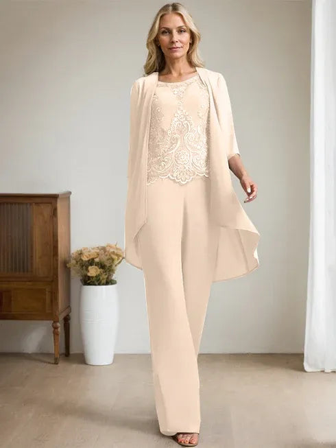 Pantsuit Scoop Floor-Length Chiffon Lace Mother of the Bride Dress With Beading Sequins