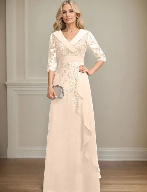 Robe de mère de la mariée trapèze, col en V, longueur au sol, en mousseline de soie et dentelle, avec volants en cascade et paillettes 