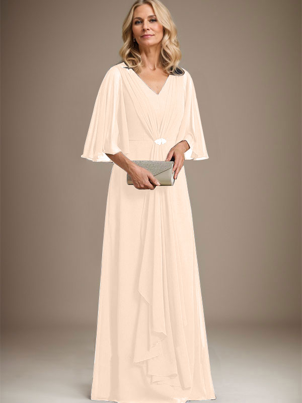 A-line V-Neck Floor-Length Chiffon Mother of the Bride Dress With Cascading Ruffles Crystal Brooch