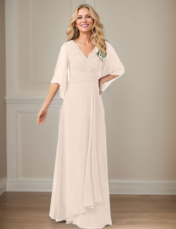 Robe mère de la mariée longue en mousseline à paillettes et col en V