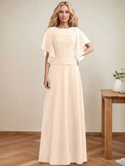 A-line Scoop Illusion Floor-Length Lace Chiffon Mother of the Bride Dress With Sequins