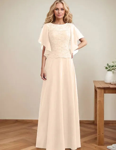 A-line Scoop Illusion Floor-Length Lace Chiffon Mother of the Bride Dress With Sequins