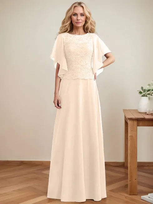 A-line Scoop Illusion Floor-Length Lace Chiffon Mother of the Bride Dress With Sequins