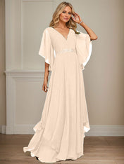 A-line V-Neck Floor-Length Chiffon Mother of the Bride Dress With Sequins Appliques Lace Beading