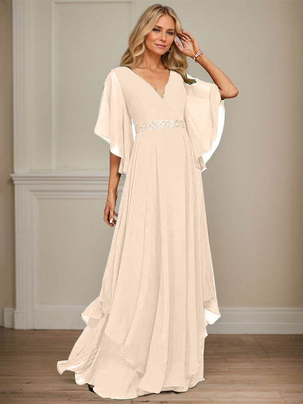 A-line V-Neck Floor-Length Chiffon Mother of the Bride Dress With Sequins Appliques Lace Beading
