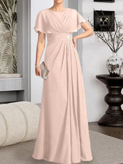 A-line Scoop Floor-Length Chiffon Mother of the Bride Dress With Pleated Beading