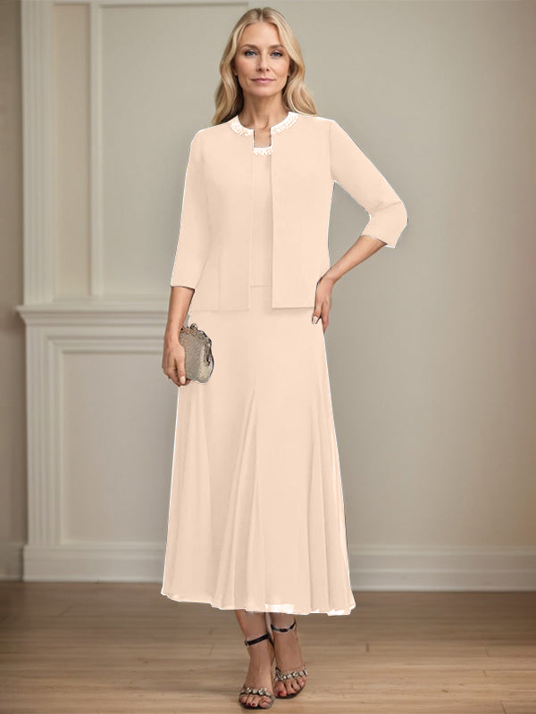Separates A-line Scoop Tea-Length Chiffon Mother of the Bride Dress With Sequins Beading