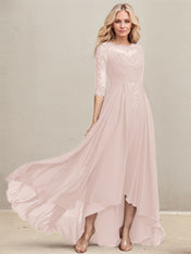 A-line Scoop Illusion Asymmetrical Lace Chiffon Mother of the Bride Dress With Pleated Sequins