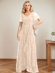 A-Line V-Neck Asymmetrical Lace Mother of the Bride Dress With Cascading Ruffles