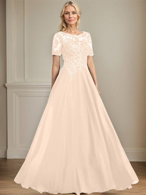 A-line Scoop Illusion Floor-Length Chiffon Lace Mother of the Bride Dress With Sequins Beading
