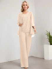 Separates Jumpsuit/Pantsuit Scoop Floor-Length Lace Chiffon Mother of the Bride Dress With Sequins