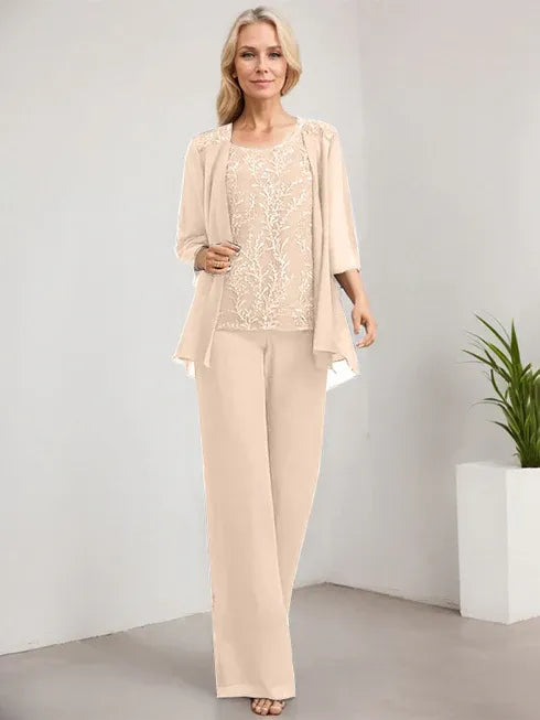 Pantsuit Scoop Floor-Length Lace Chiffon Mother of the Bride Dress With Sequins