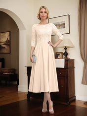 A-line Scoop Illusion Tea-Length Chiffon Lace Mother of the Bride Dress With Beading Sequins