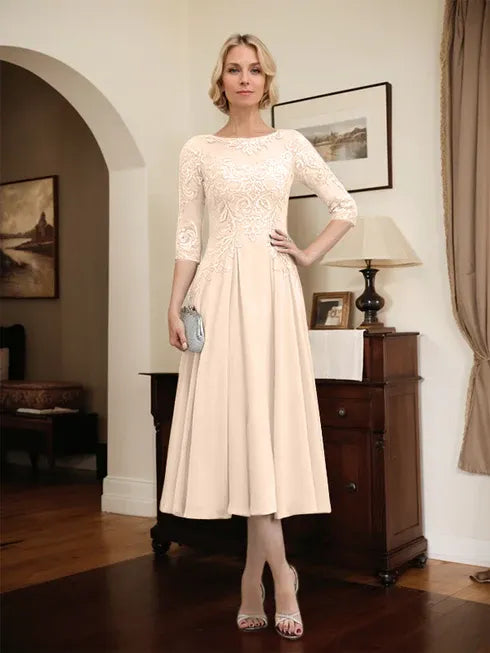 A-line Scoop Illusion Tea-Length Chiffon Lace Mother of the Bride Dress With Beading Sequins