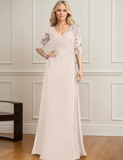 Robe de mère de la mariée trapèze, col en V, longueur au sol, en mousseline de soie et dentelle, avec sequins plissés 