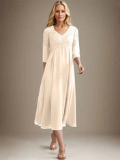 A-line V-Neck Tea-Length Chiffon Lace Mother of the Bride Dress With Beading