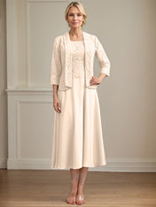A-line Scoop Tea-Length Lace Chiffon Mother of the Bride Dress