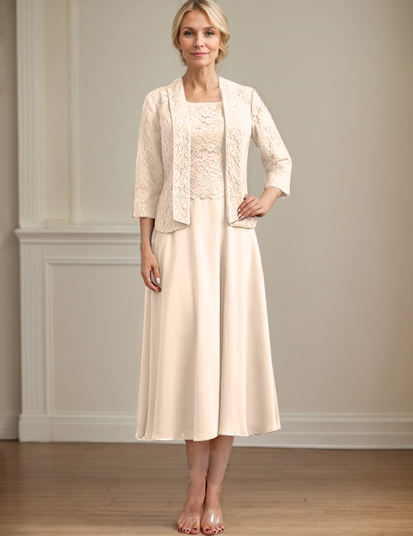 A-line Scoop Tea-Length Lace Chiffon Mother of the Bride Dress