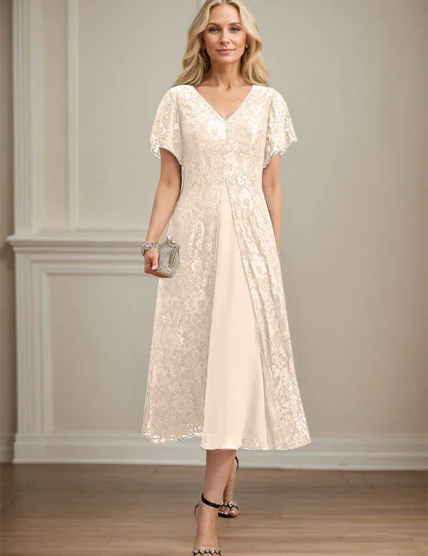A-line V-Neck Tea-Length Lace Chiffon Mother of the Bride Dress