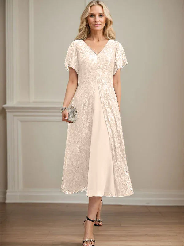Robe de mère de la mariée en mousseline de soie, coupe trapèze, col en V et longueur thé 
