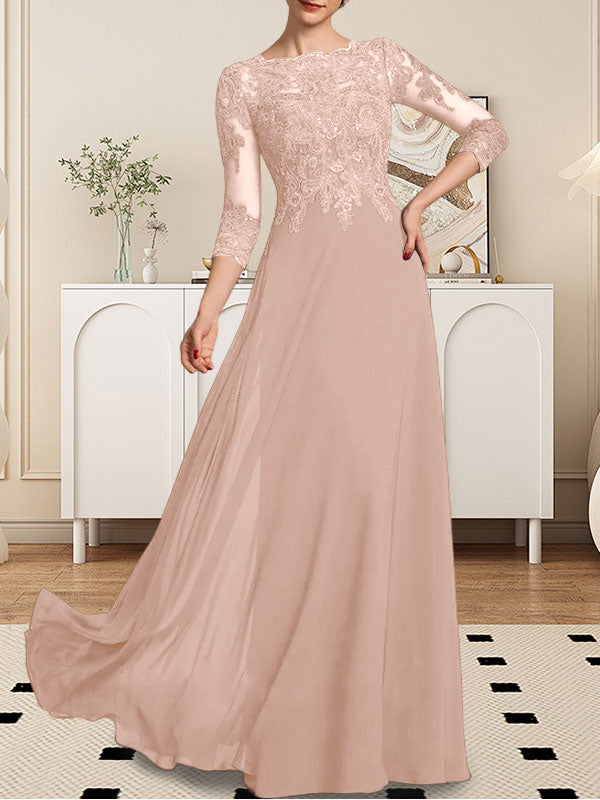 A-line Scoop Floor-Length Lace Chiffon Mother of the Bride Dress With Sequins