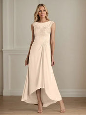 Champagne A-Line Scoop Lace Chiffon Dress