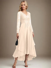 A-line V-Neck Asymmetrical Lace Chiffon Mother of the Bride Dress