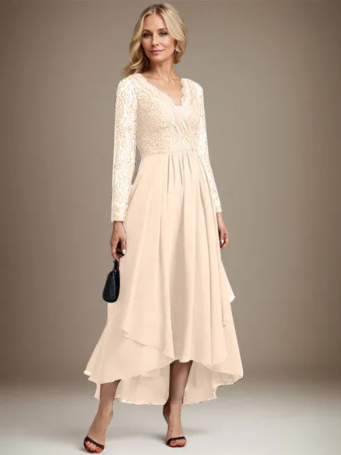 A-line V-Neck Asymmetrical Lace Chiffon Mother of the Bride Dress