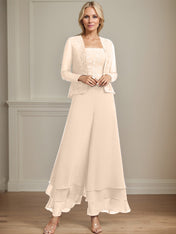 Separates Jumpsuit/Pantsuit Square Ankle-Length Lace Chiffon Mother of the Bride Dress With Sequins