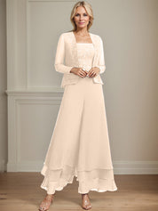 Robe de mère de la mariée en mousseline de soie, longueur cheville, avec sequins, combinaison/tailleur carré 