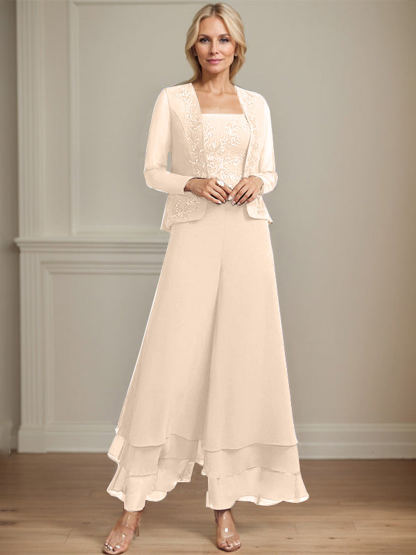 Robe de mère de la mariée en mousseline de soie, longueur cheville, avec sequins, combinaison/tailleur carré 