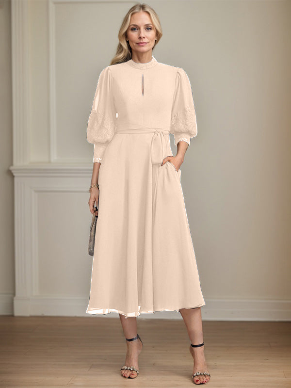 A-line High Neck Tea-Length Lace Chiffon Mother of the Bride Dress With Bow