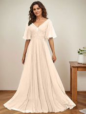 A-line V-Neck Floor-Length Chiffon Mother of the Bride Dress With Sequins Appliques Lace Pleated