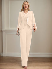Separates Jumpsuit/Pantsuit V-Neck Floor-Length Chiffon Mother of the Bride Dress