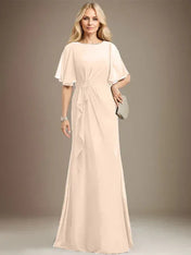 A-line Scoop Floor-Length Chiffon Mother of the Bride Dress With Cascading Ruffles Beading Sequins