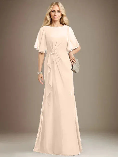 A-line Scoop Floor-Length Chiffon Mother of the Bride Dress With Cascading Ruffles Beading Sequins
