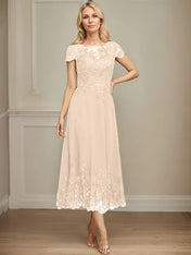 A-line Illusion Scoop Tea-Length Lace Chiffon Mother of the Bride Dress With Sequins