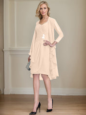 Sheath/Column Sweetheart Knee-Length Chiffon Mother of the Bride Dress With Beading Appliques Lace Sequins Pleated
