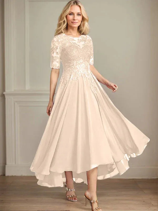 Robe de mère de la mariée asymétrique en mousseline de soie et dentelle, coupe trapèze, décolleté en V, illusion, avec paillettes 