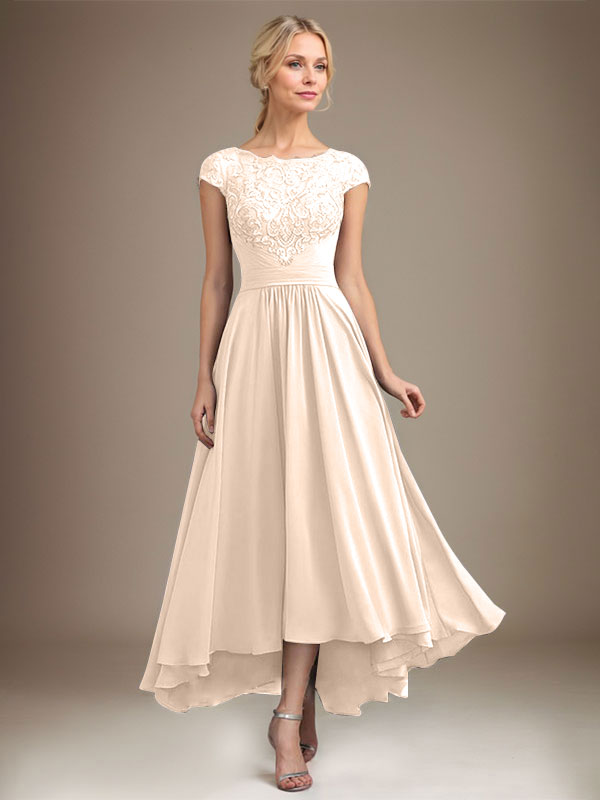 A-line Scoop Illusion Asymmetrical Lace Chiffon Mother of the Bride Dress With Pleated