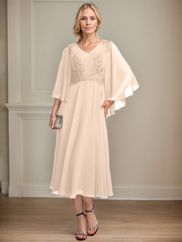 A-line V-Neck Tea-Length Chiffon Lace Mother of the Bride Dress With Beading Sequins