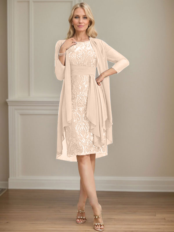 Column Scoop Illusion Knee-Length Lace Chiffon Mother of the Bride Dress With Cascading Ruffles Sequins