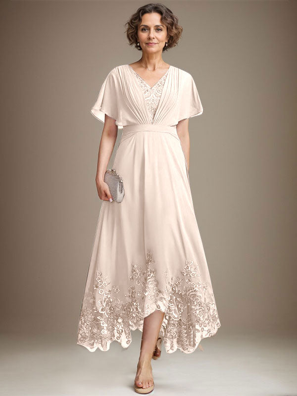 A-line V-Neck Asymmetrical Lace Chiffon Mother of the Bride Dress With Pleated