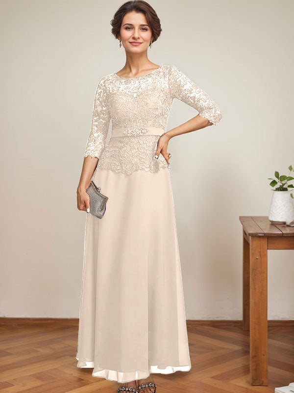 A-line Scoop Illusion Ankle-Length Chiffon Lace Mother of the Bride Dress With Rhinestone Beading