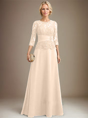 A-line Scoop Illusion Floor-Length Chiffon Lace Mother of the Bride Dress With Pleated Sequins Beading