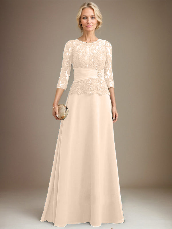 A-line Scoop Illusion Floor-Length Chiffon Lace Mother of the Bride Dress With Pleated Sequins Beading
