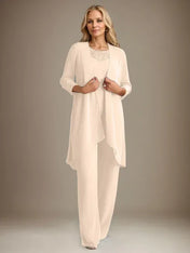 Chiffon Scoop Long Sleeves Mother Of The Bride Pantsuits With Jacket